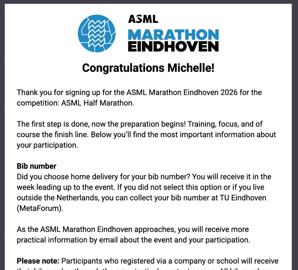 Startnummer halve marathon Eindhoven, Eén persoon, Oktober