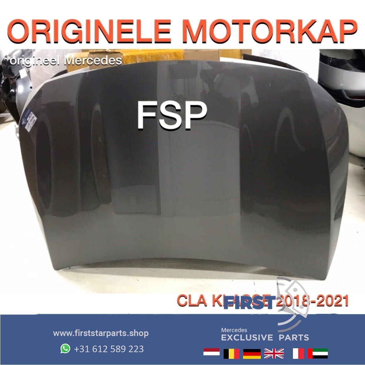 W118 CLA MOTORKAP ZWART WIT GRIJS ORIGINEEL Mercedes 2018-20, Gebruikt, -, Voor, Ophalen of Verzenden