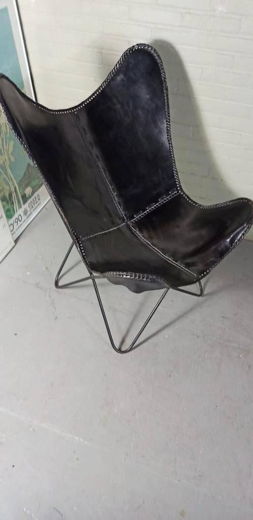 Zwarte Leer Vliender Fauteuil Stoel, Huis en Inrichting, Fauteuils, Ophalen, Tweedehands, Tweedehands, 75 tot 100 cm
