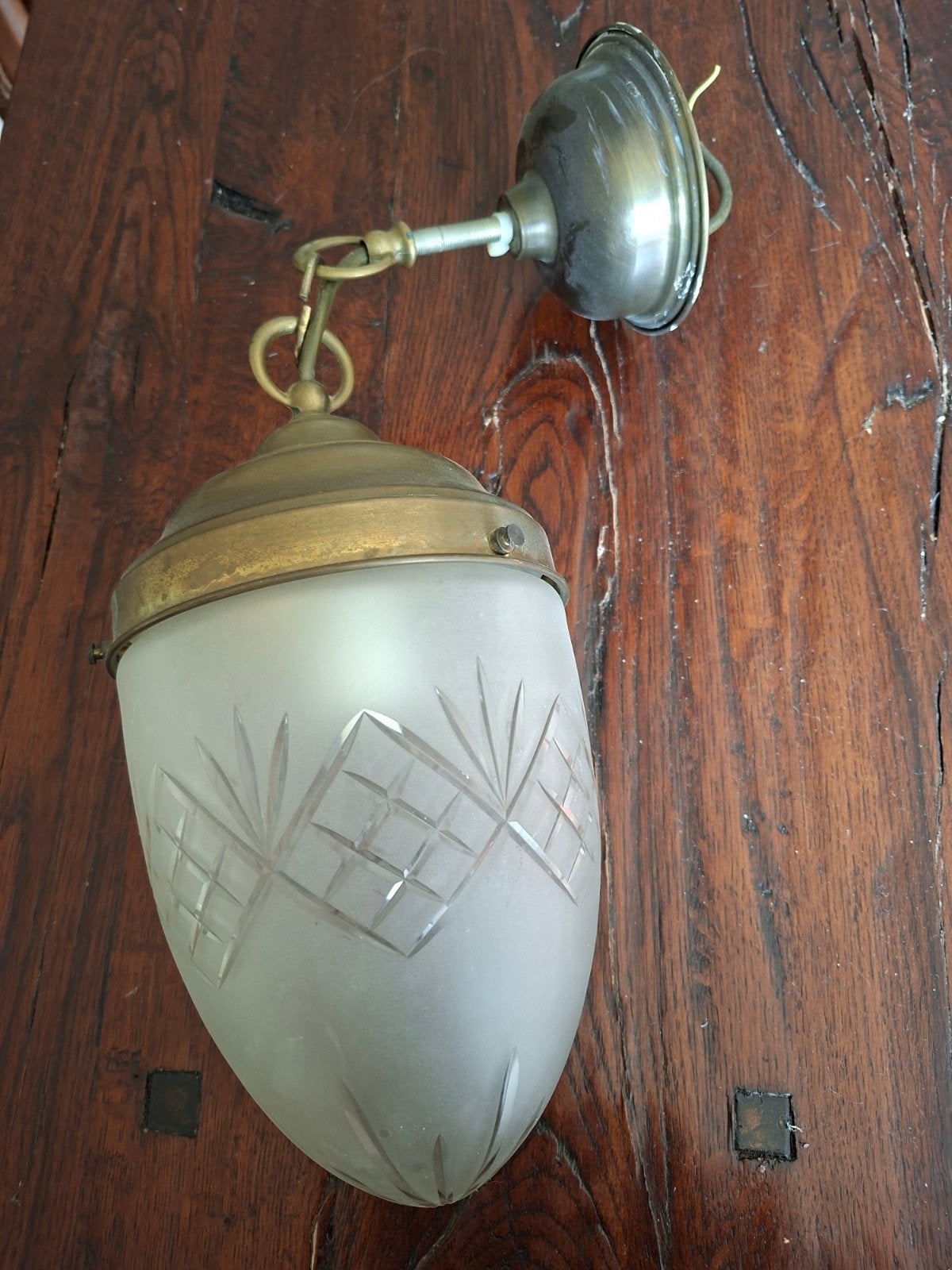 Antieke hanglamp met geslepen glas en messing, Antiek en Kunst, Ophalen of Verzenden