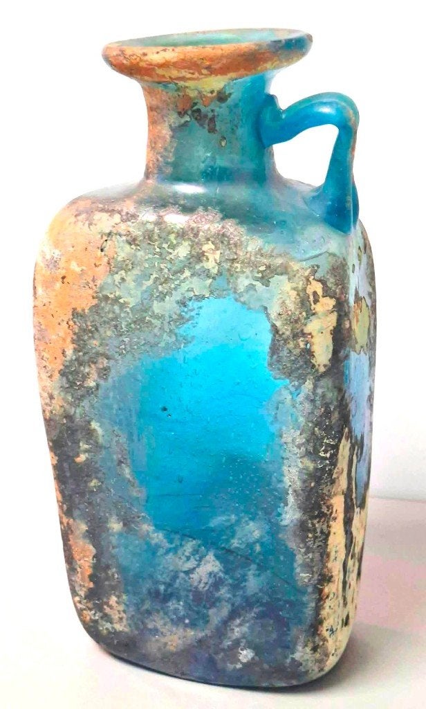 Schitterende Antieke Blauw Iriserend Glas Fles Romeins Model, Antiek en Kunst, Ophalen of Verzenden