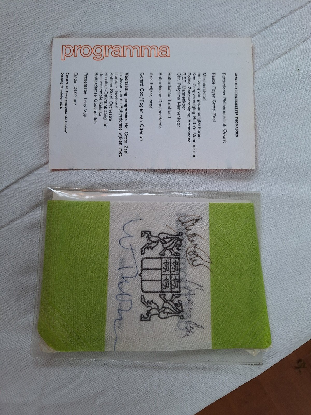 Zakdoek afscheid burgemeester Thomassen 1974 + programma, Ophalen of Verzenden, Gebruikt