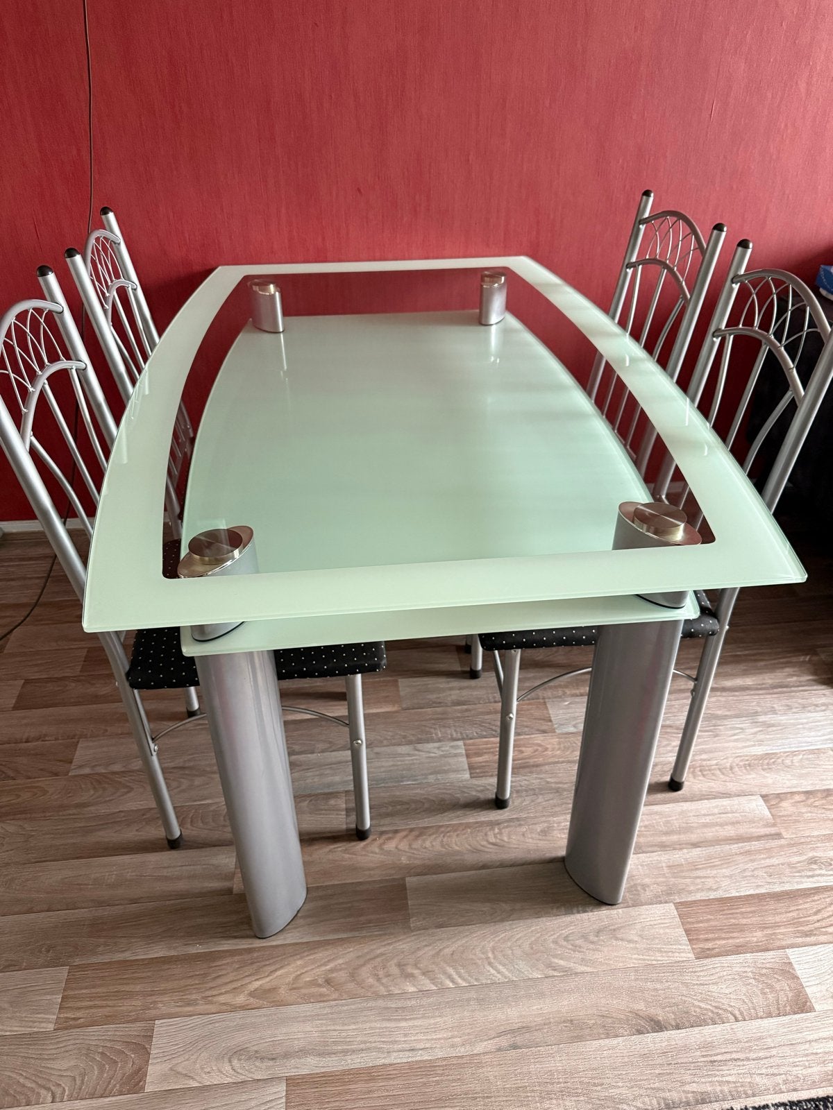 Moderne glazen eettafel met 4 stoelen, Ophalen, Gebruikt, 100 tot 150 cm, 50 tot 100 cm