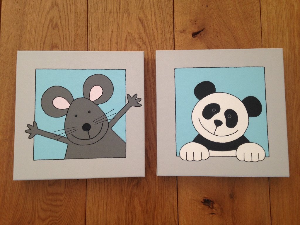 Twee canvas doeken met panda en muis voor babykamer, Ophalen of Verzenden, Zo goed als nieuw, Wanddecoratie