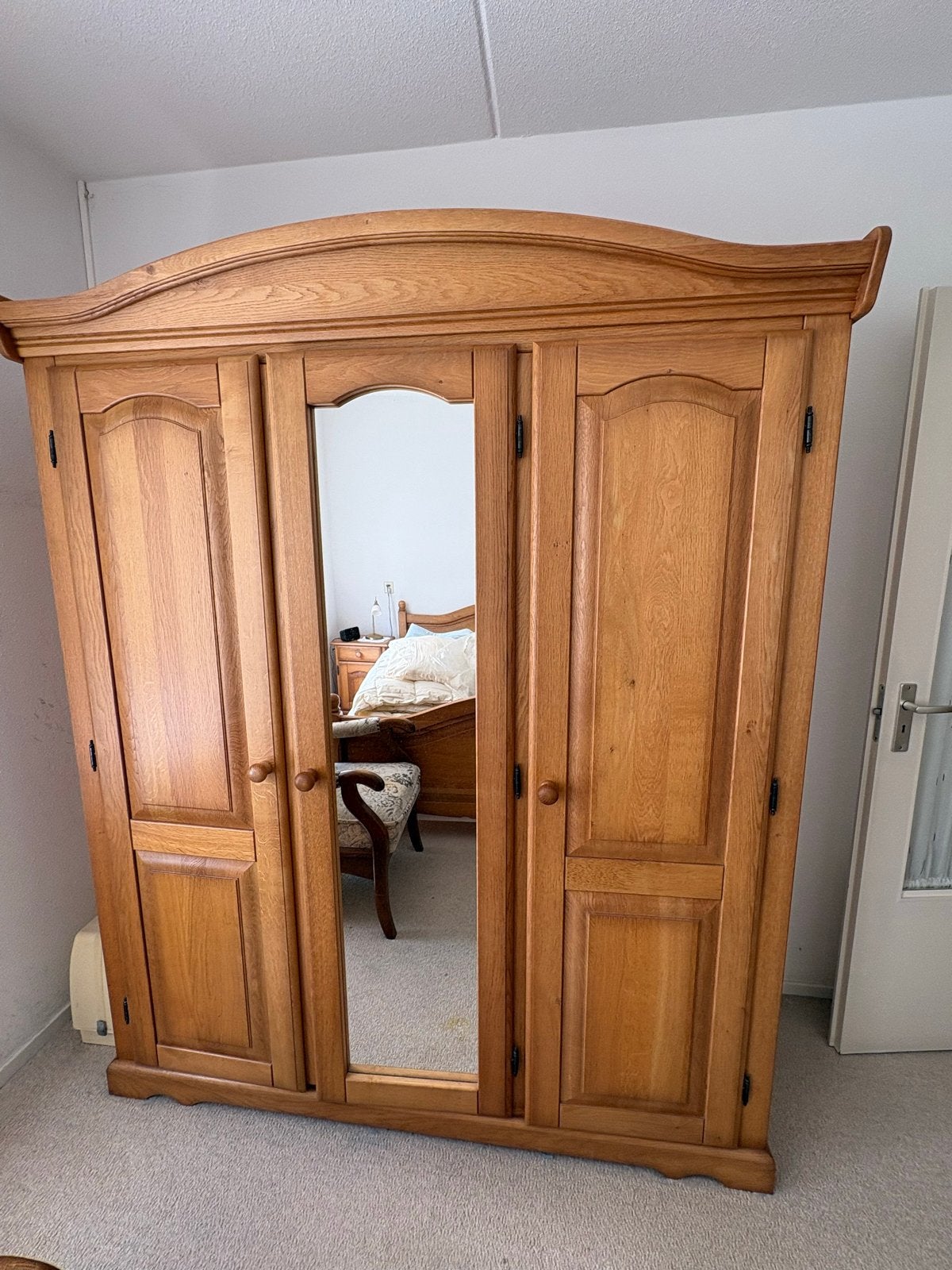 Mooie eikenhouten linnenkast met spiegeldeur, Ophalen, Gebruikt, 200 cm of meer, 150 tot 200 cm