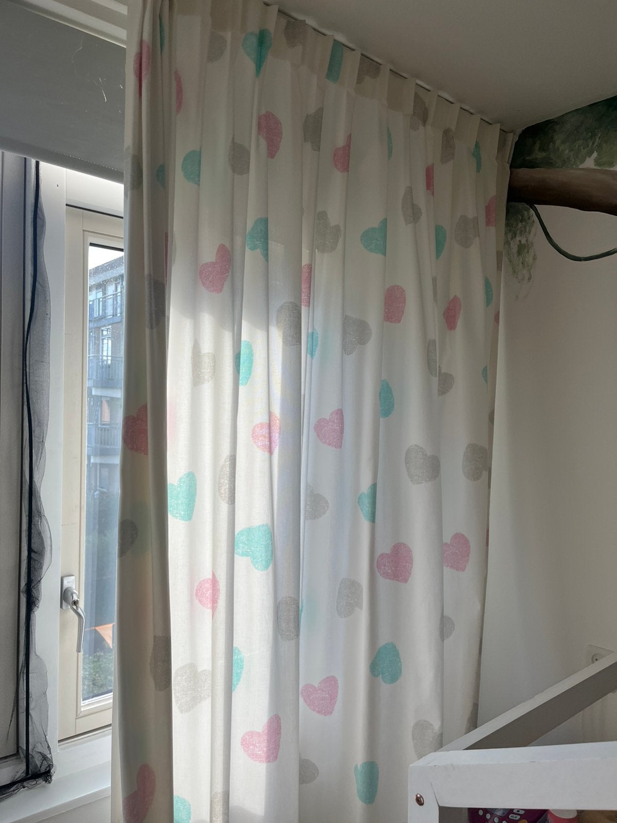Hartjes gordijnen, Huis en Inrichting, Stoffering | Gordijnen en Lamellen, Gebruikt, Gordijn, Blauw, Roze, Wit, Katoen, Kwantum