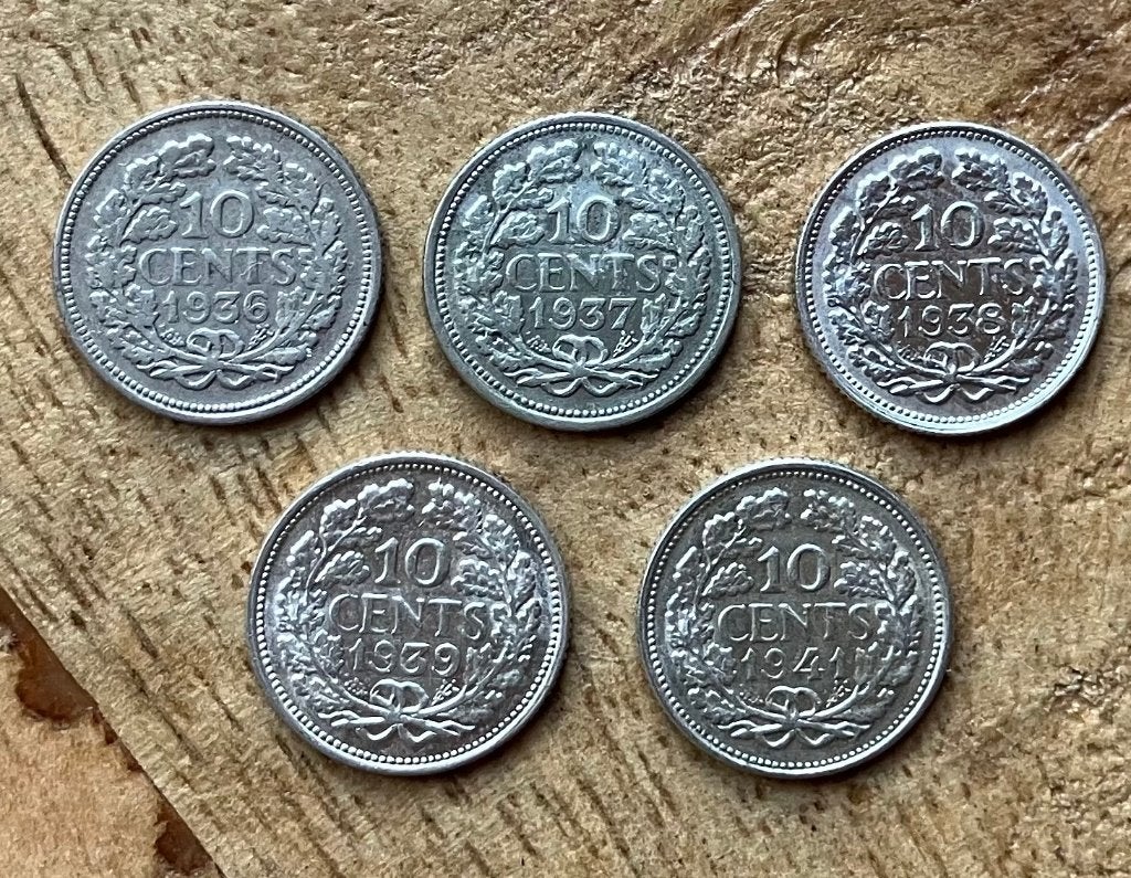 10 cent 1936, 1937, 1938, 1939 en 1941 Wilhelmina, Ophalen, Setje, Zilver, 10 cent