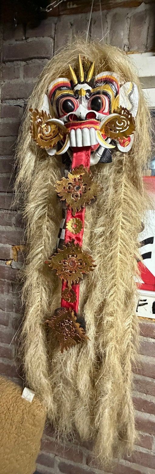 Balinees Barong Masker - Handgemaakt Ritueel Kunstwerk, Natuurlijk materiaal, Masker, Handgemaakt, Ophalen of Verzenden