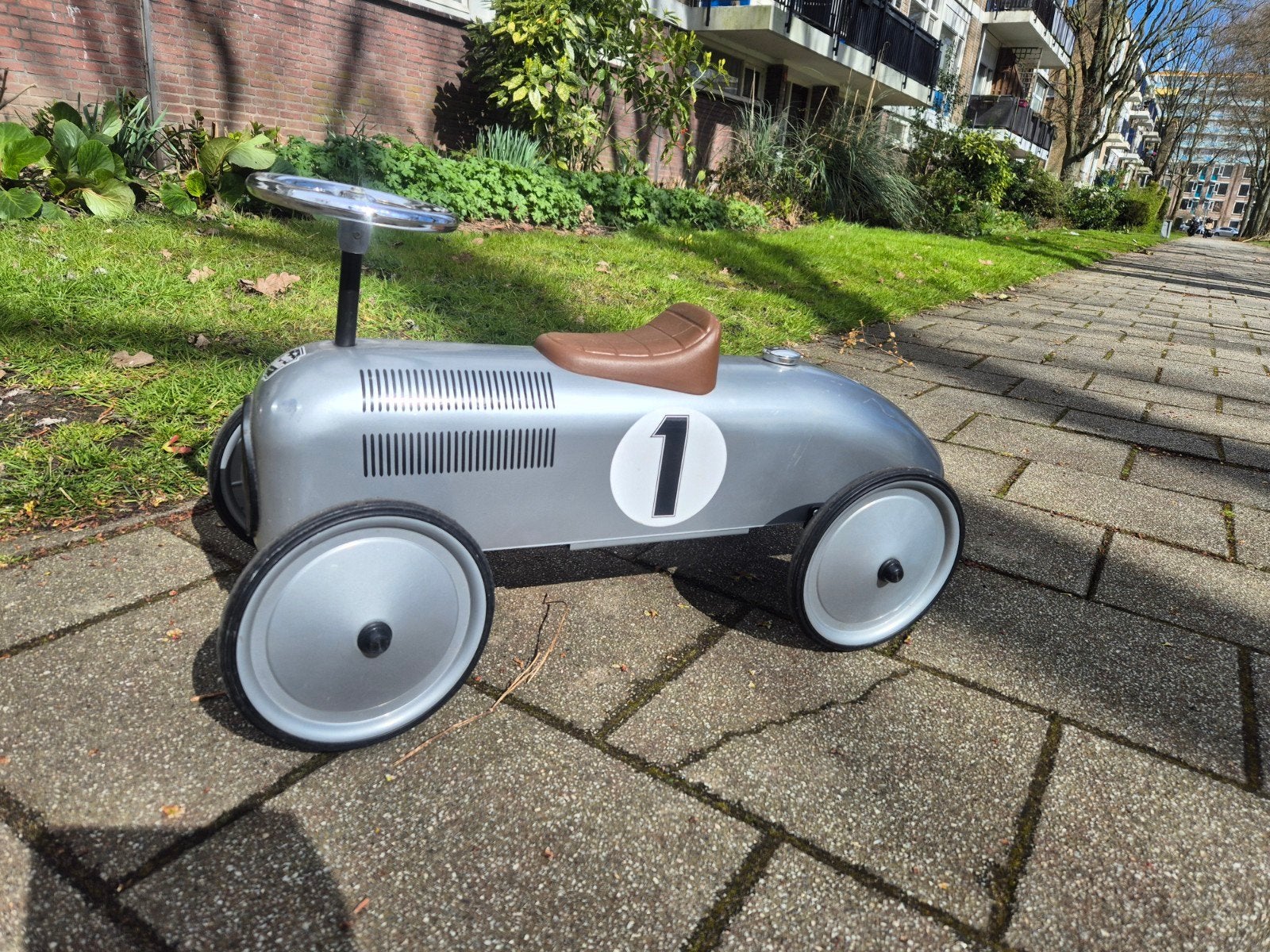 Kinder loopauto zilver retro racewagen, Ophalen of Verzenden, Gebruikt