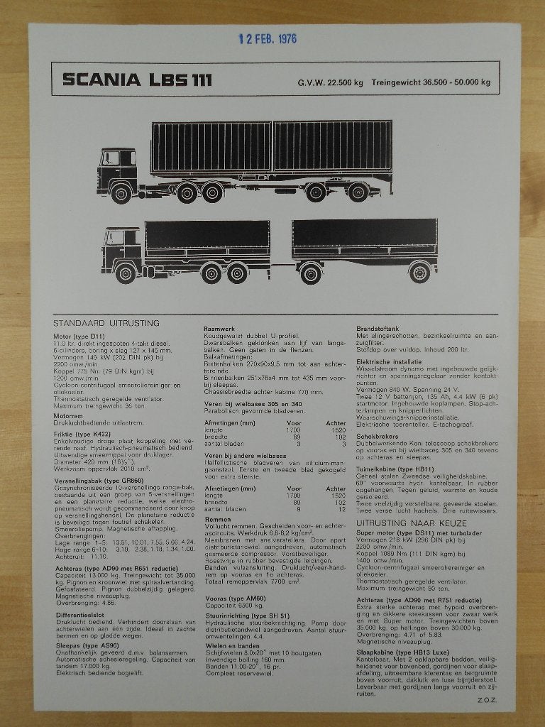 Scania LBS111 Specificatie Brochure 1975 LBS 111 6x2, Ophalen of Verzenden, Zo goed als nieuw, Overige merken, Scania