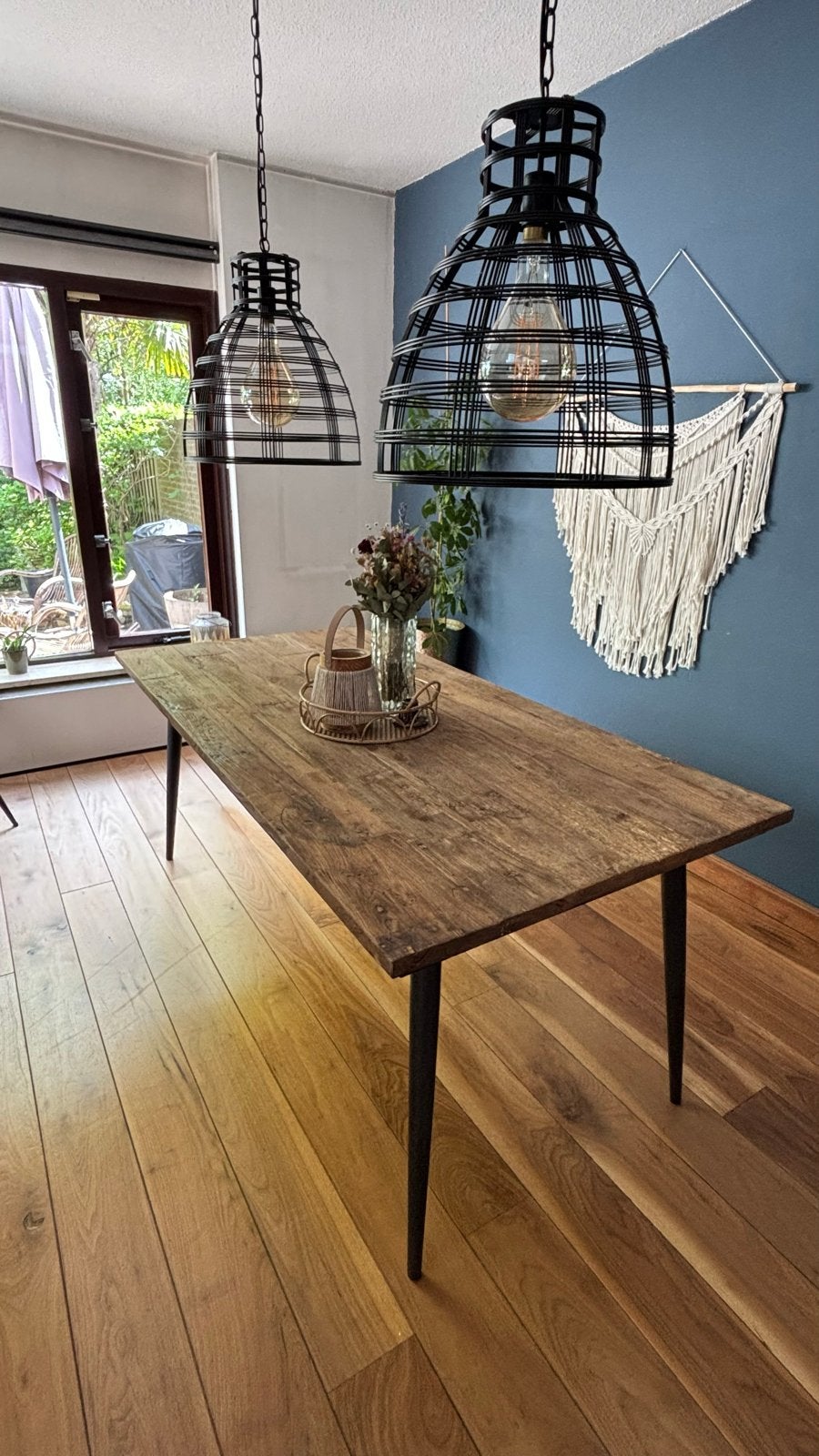 Robuuste eettafel met houten blad en metalen poten 180x90 cm, Ophalen, Gebruikt, 50 tot 100 cm, Vijf personen of meer