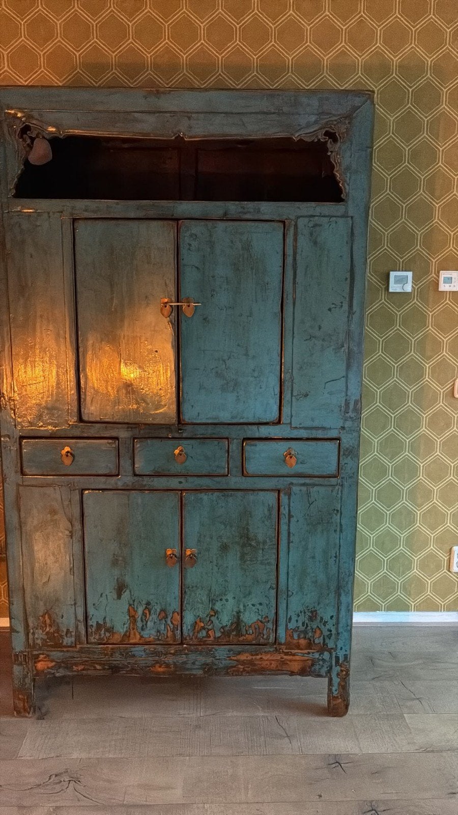 Chinese gelakte kast - 210x116x57 cm, blauw/groen, Ophalen