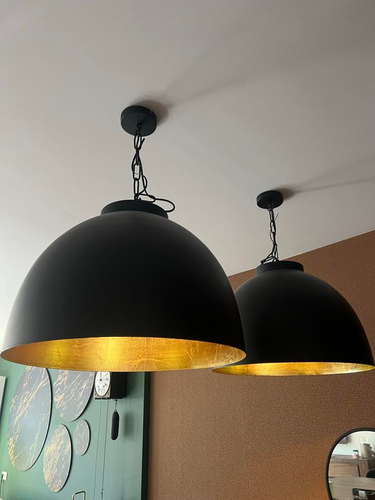 Set van 2 Zwart Gouden Hanglampen - Dimbare Lichtbronnen, Huis en Inrichting, Lampen | Hanglampen, Ophalen, Zo goed als nieuw