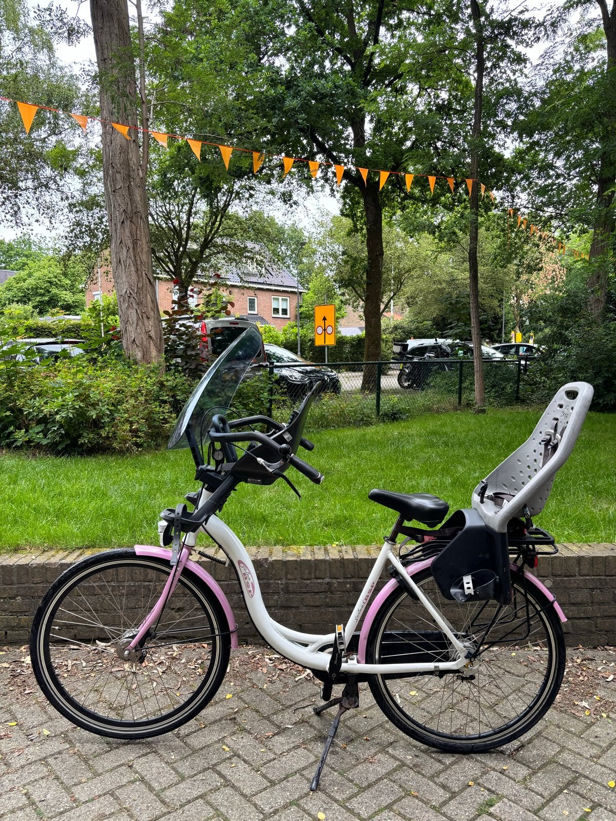 Moederfiets met twee kinderzitjes, Fietsen en Brommers, Fietsen | Dames | Moederfietsen, 2 zitjes, Gebruikt, Dubbele standaard