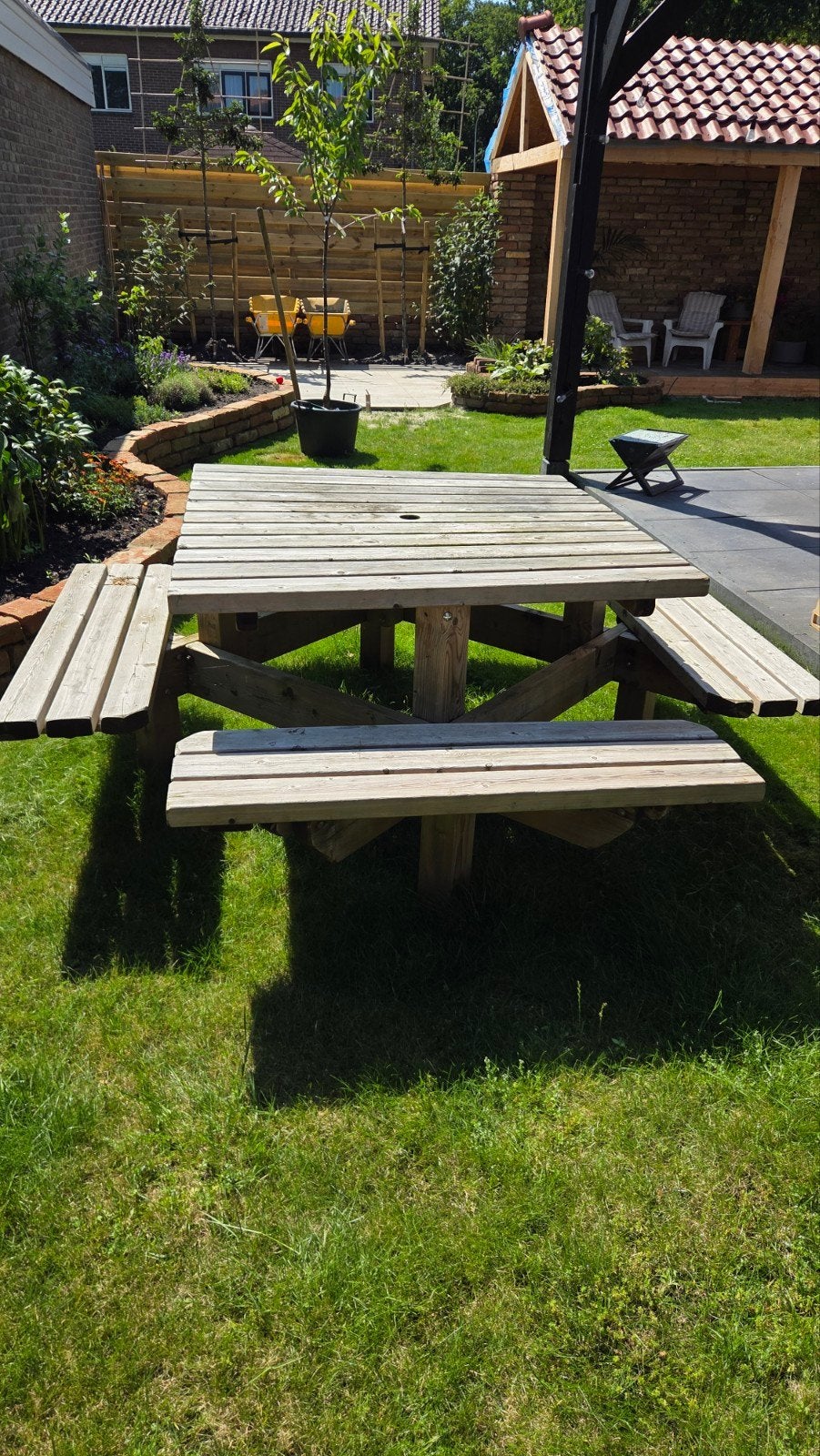 8 persoons picknicktafel met kussens, Tuin en Terras, Picknicktafels, Ophalen, Gebruikt, Rechthoekig, Hout