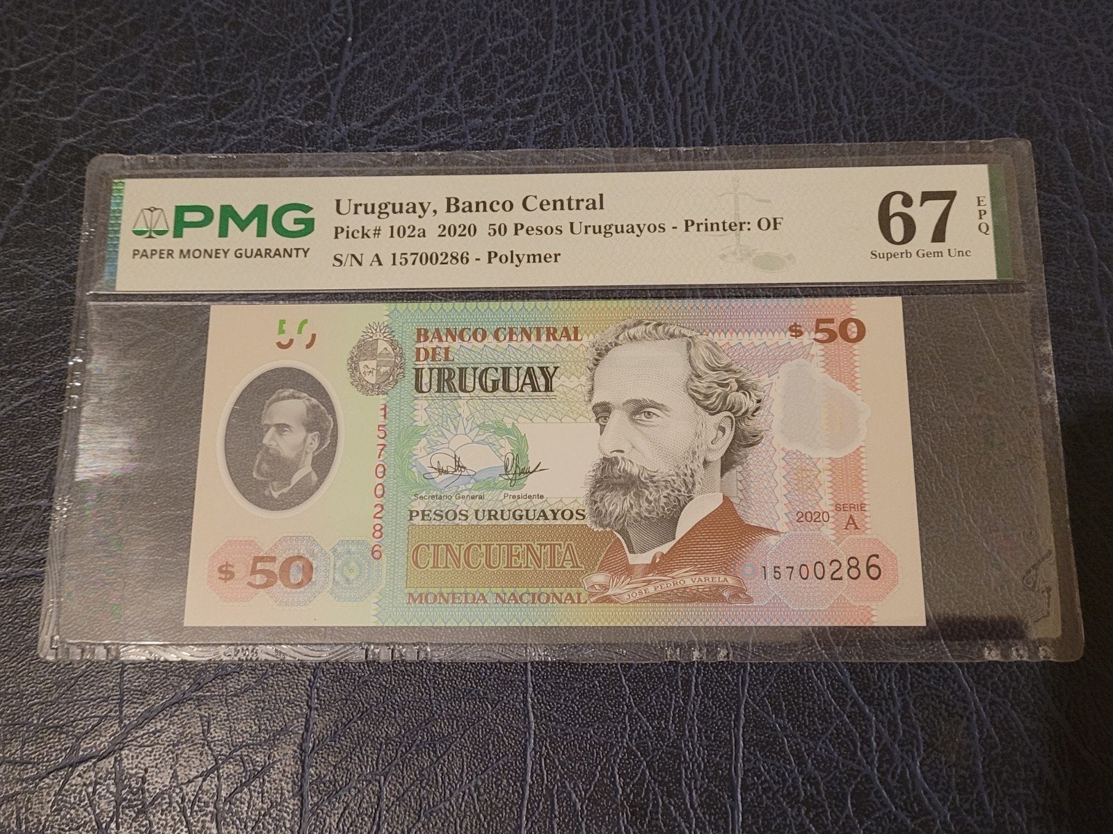 Uruguay 50 Pesos 2020 Polymer Bankbiljet PMG 67 EPQ, Postzegels en Munten, Ophalen of Verzenden, Overige landen, Los biljet