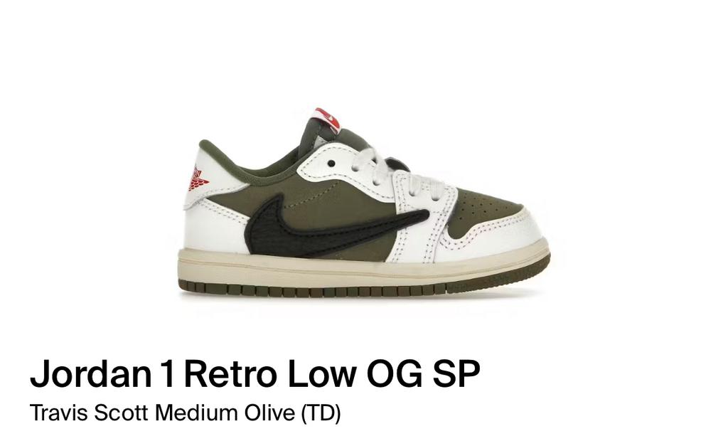 Air Jordan 1 Low Travis Scott Medium Olive TD & PS - kids, Jongen of Meisje, Schoenen, Nieuw, Ophalen of Verzenden