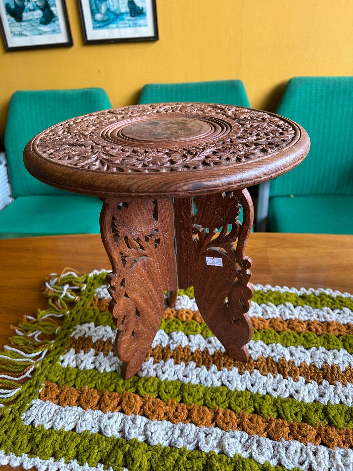 Vintage bohemian side table/ planten tafel, hout, bruin, 50 tot 100 cm, ?, 25 tot 50 cm, Vintage