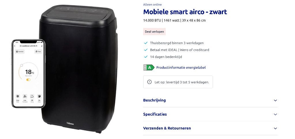 Nieuwe Tristar Mobiele smart airco - zwart 14.000 BTU, Ophalen, Timer, Nieuw, 3 snelheden of meer
