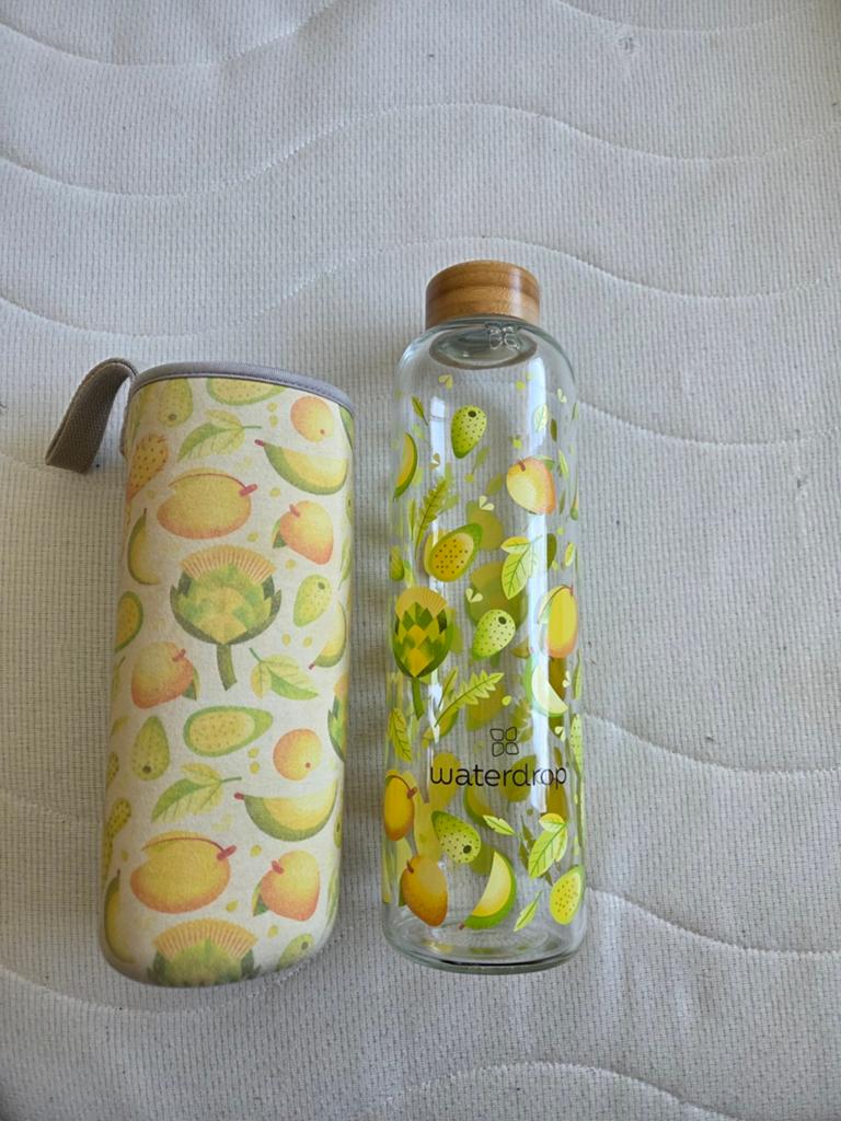 Waterdrop glazen drinkfles met hoes - fruitpatroon, Ophalen of Verzenden, Zo goed als nieuw, Meerkleurig, Overige merken