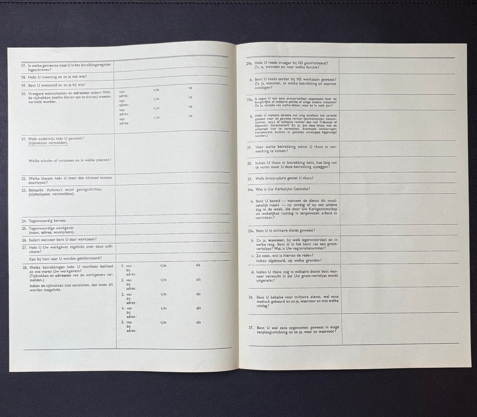 Blanco sollicitatieformulier Nederlandsche Spoorwegen (1957), Ophalen of Verzenden, Zo goed als nieuw, Trein