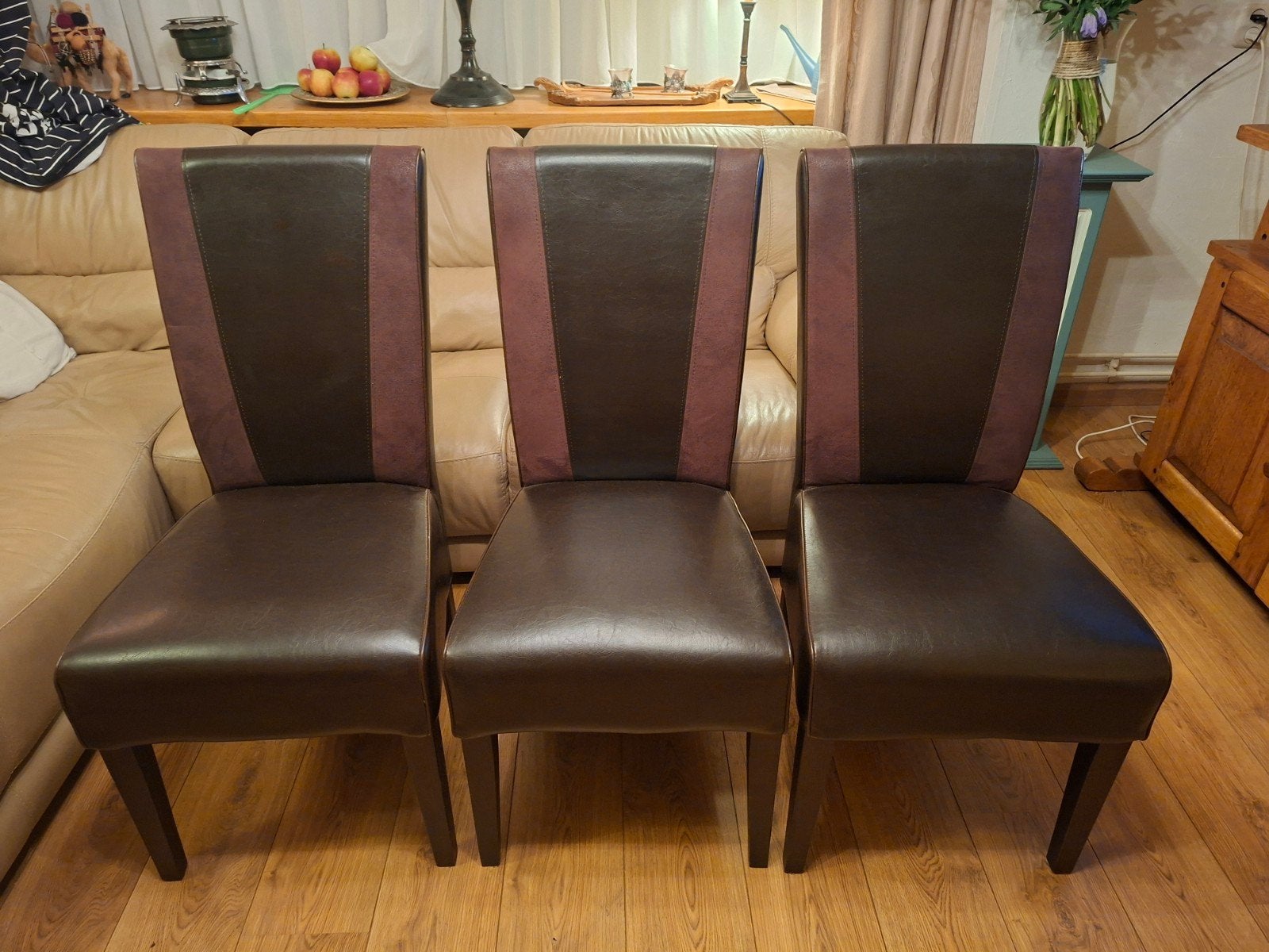 Set van 3 bruine skai leren stoelen - Zo goed als nieuw, Ophalen, Leer, Zo goed als nieuw, Drie