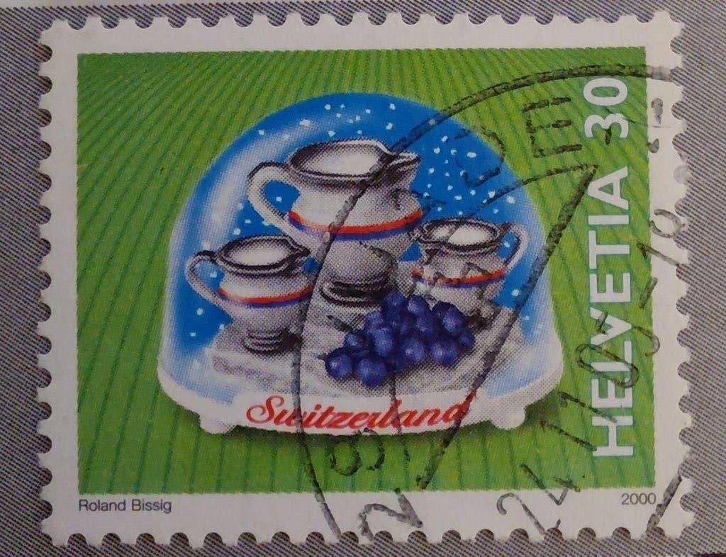 2000 Zwitserland sneeuwbol met wijnkannen en druiven, Verzenden, Gestempeld