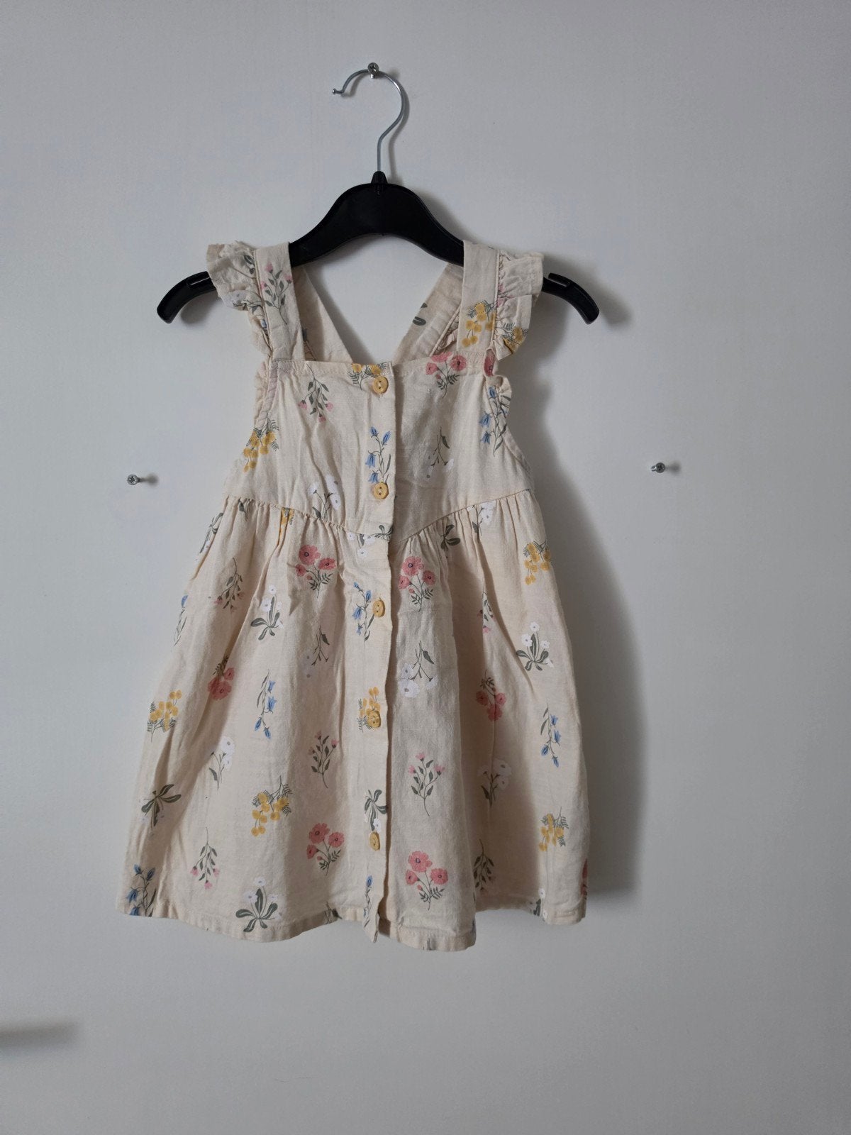 H&M salopette overgooi jurk beige bloemprint 86 als nieuw, Meisje, Jurkje of Rokje, H&M, Ophalen of Verzenden