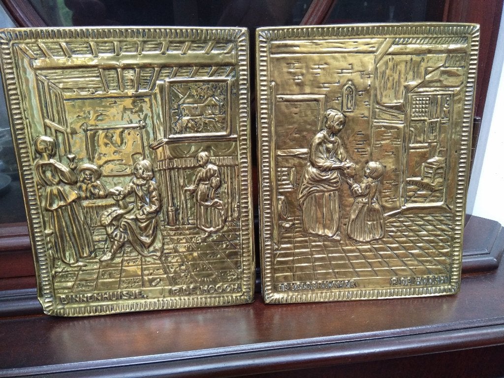 2 WANDHANGERS 19,5x 15 cm, latoenkoper,  naar P.de Hoogh, Ophalen of Verzenden