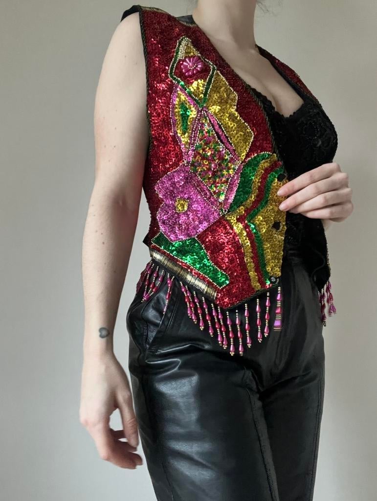 Fantastisch vintage pailletten gilet, S/M. Glitter sequin, Overige kleuren, Verzenden, Vintage, Maat 36 (S)