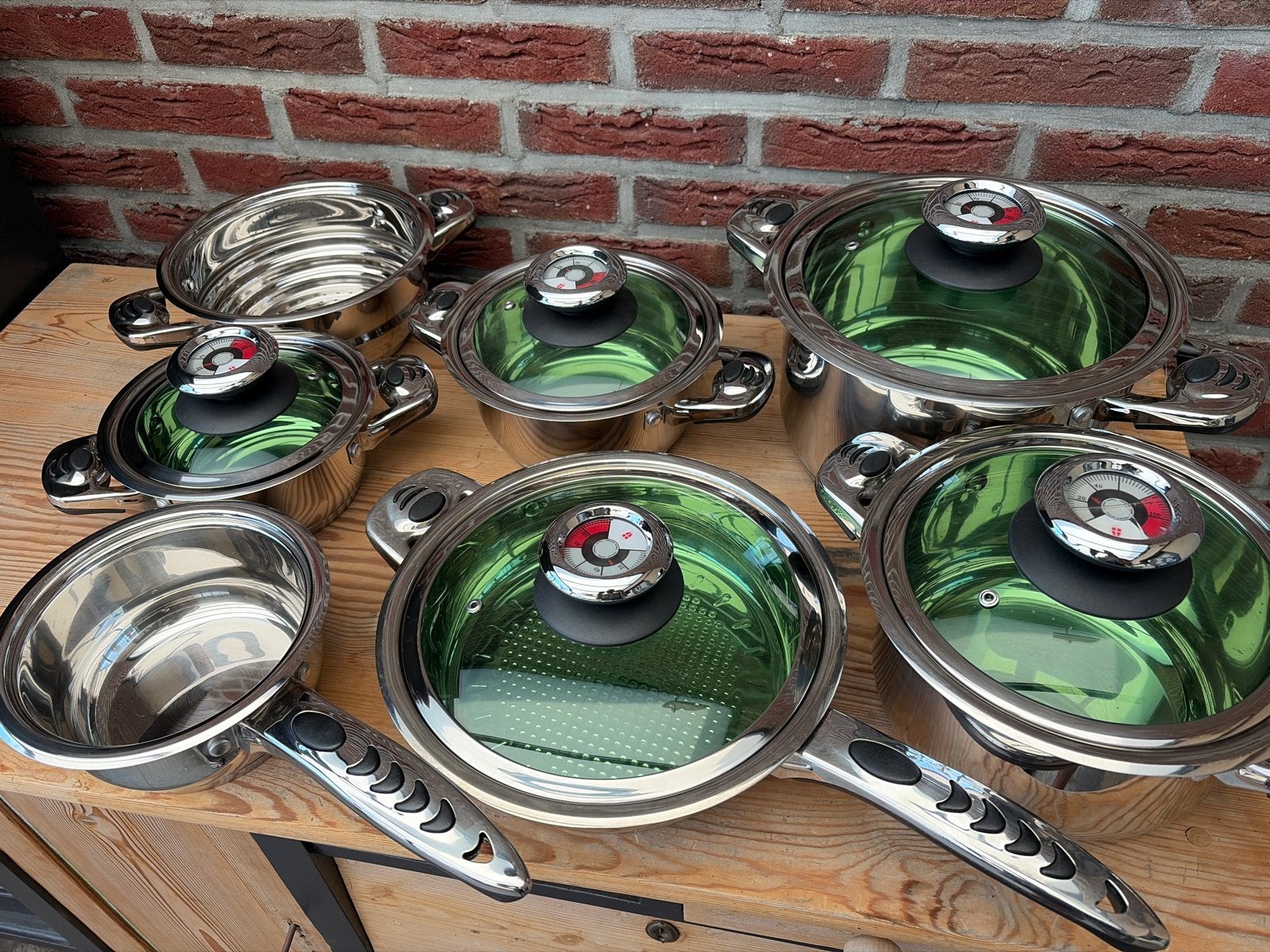 Complete Pannenset RVS met Thermometer Deksel - 7-delig, Ophalen, Gebruikt, Met deksel, Pannenset