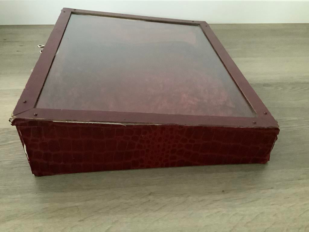 Vintage rode fluwelen displaydoos met glazen deksel, Ophalen, Gebruikt