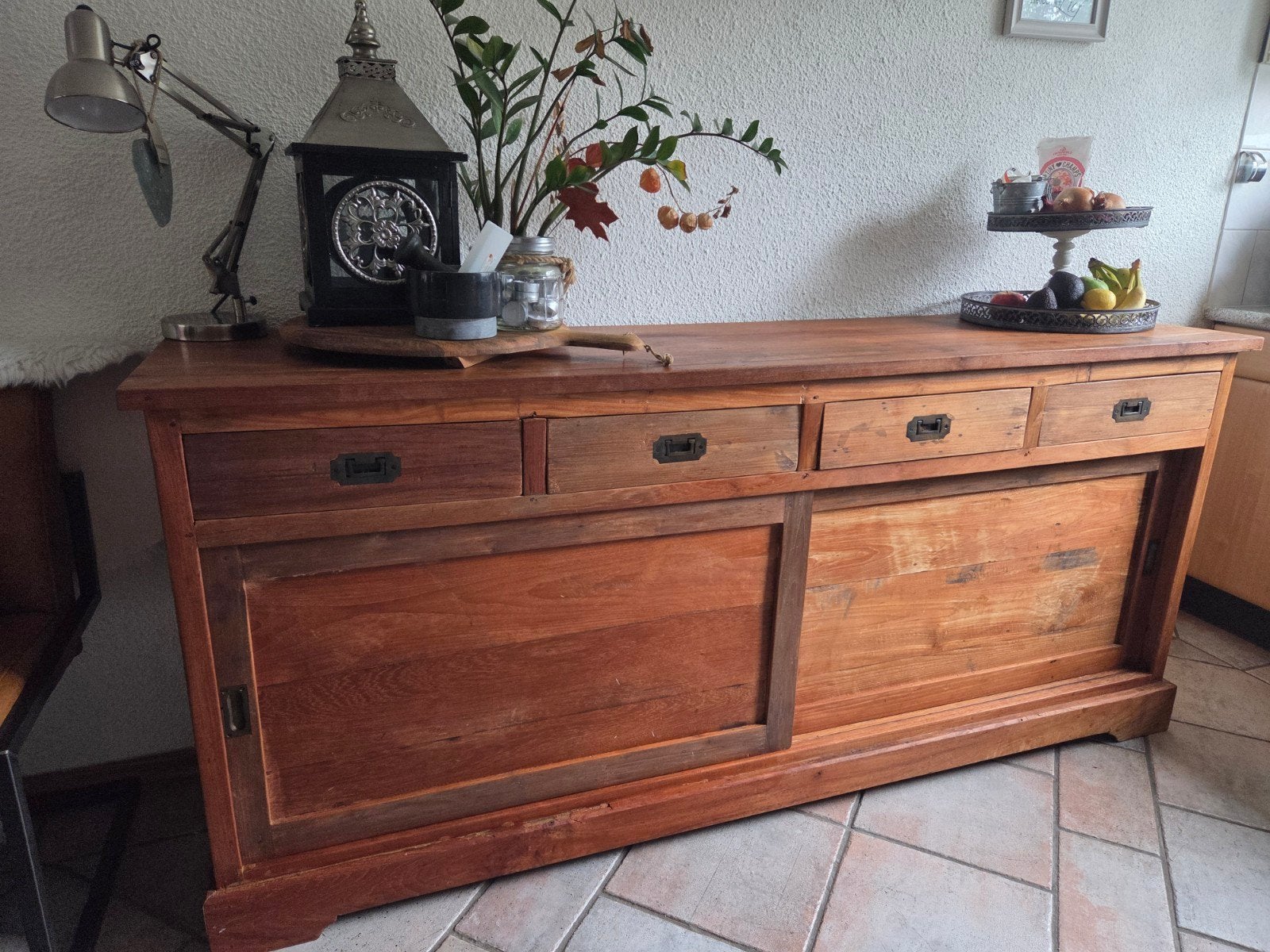 Teakhouten dressoir met schuifdeuren en lades, Ophalen, Gebruikt, Teakhout, 200 cm of meer