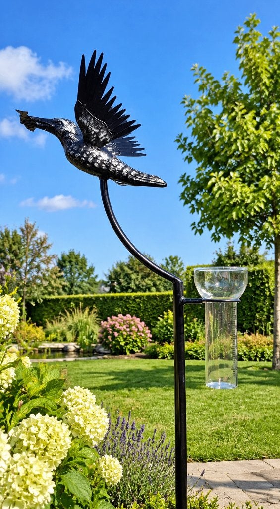 regenmeter / rvs/ IJSVOGEL, Nieuw, Info@huisentuindecoratiemarie.nl, Huis en tuin decoratie marie, Peize