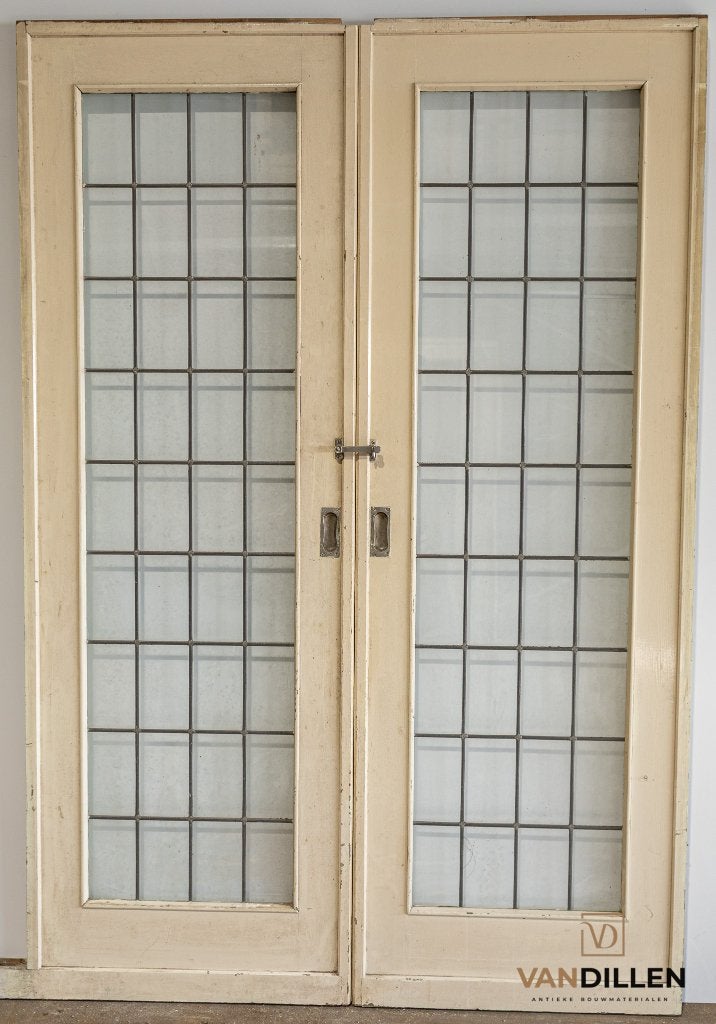 Oude ensuite / schuifdeuren glas in lood + sluiting, 120 cm of meer, Binnendeur, Ophalen of Verzenden, 200 tot 215 cm