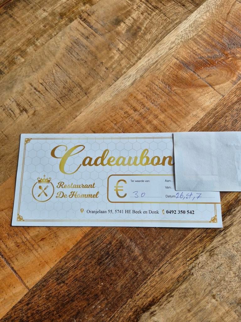 Cadeaubon Restaurant De Hommel Beek en Donk twv 30 euro, Ophalen of Verzenden