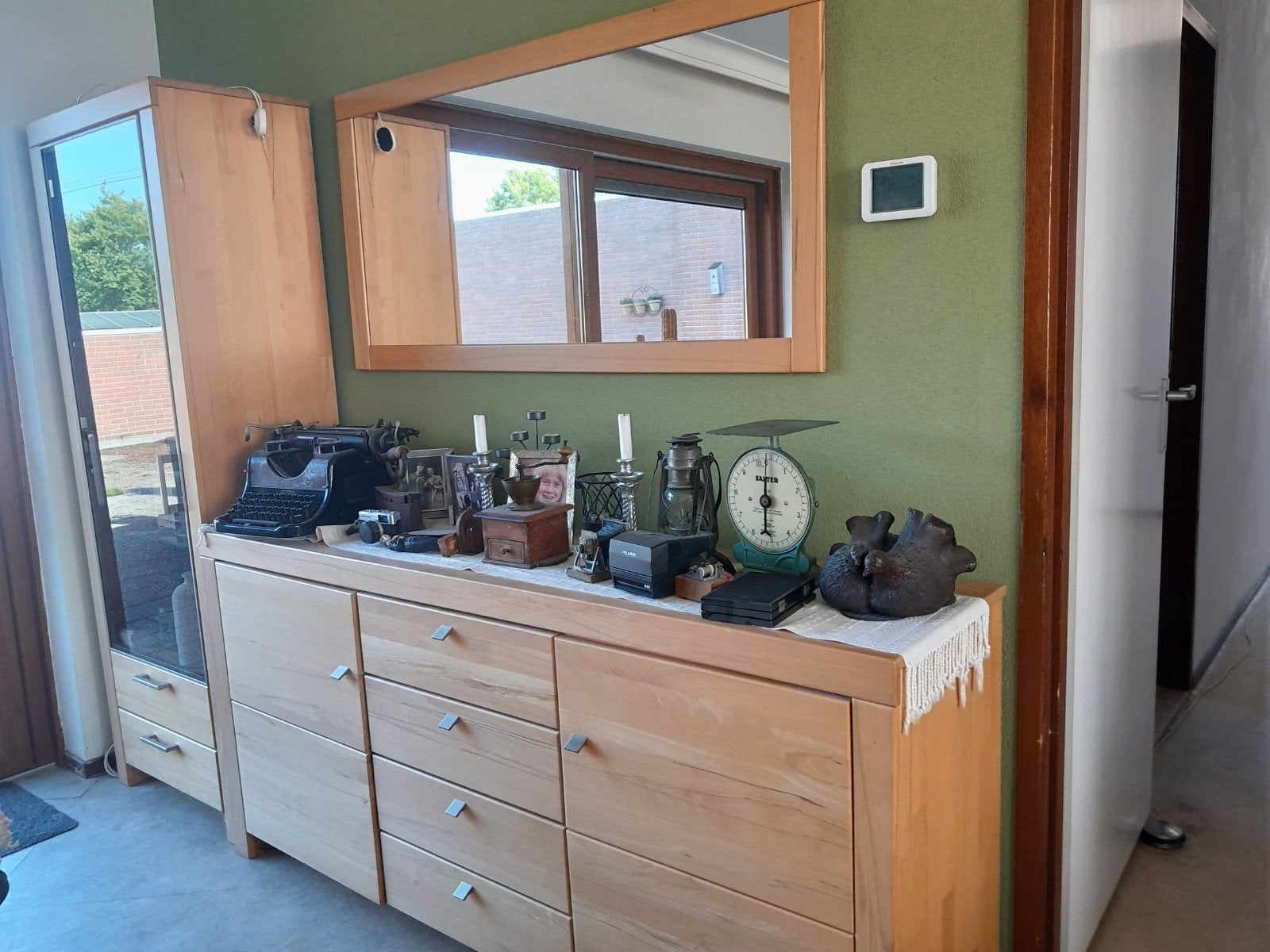 Buffetkast met spiegel - Massief licht eiken, Huis en Inrichting, Kasten | Buffetkasten, Ophalen, Glas, Gebruikt, 100 tot 150 cm