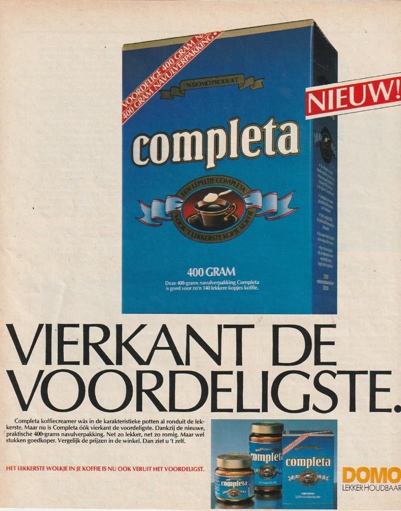 retro reclame 1986 Domo Completa zuivel navulverpakking, Verzamelen, Verzenden, Overige typen