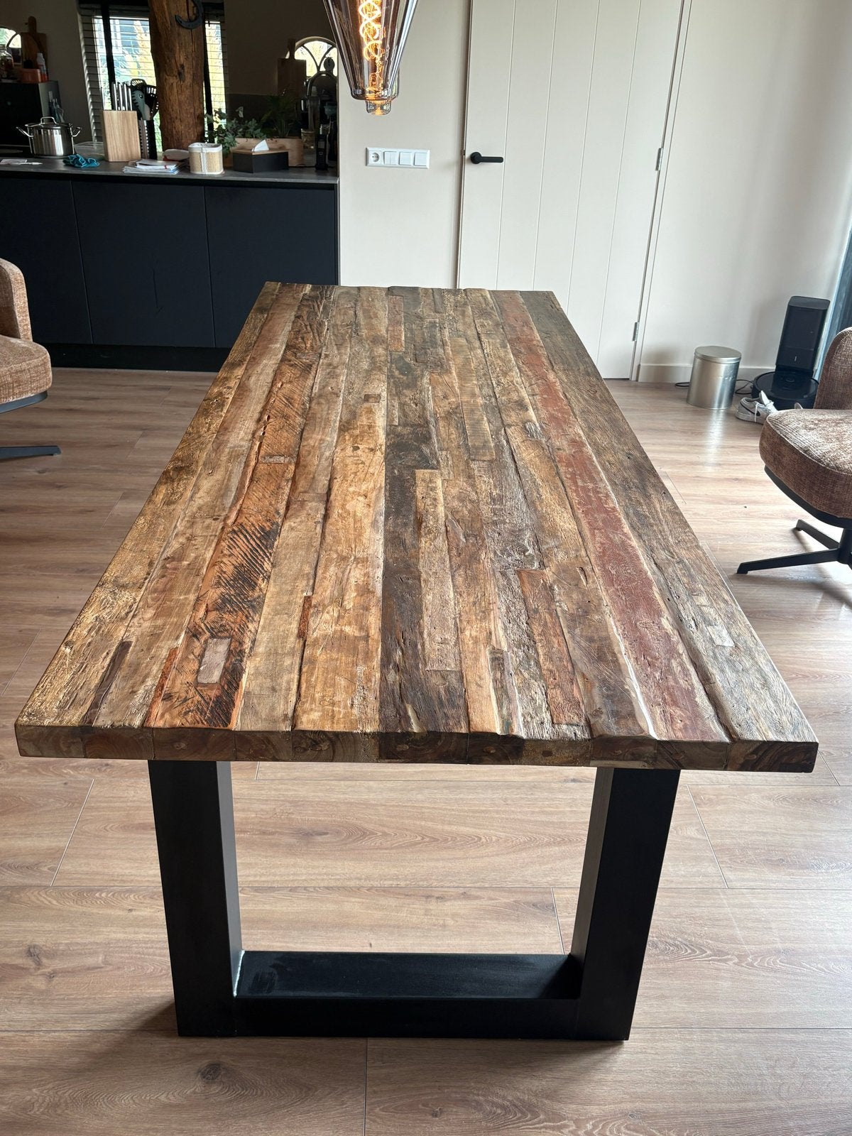 Massief eiken eettafel met stalen U-poot, Ophalen, 100 tot 150 cm, 200 cm of meer, Zo goed als nieuw
