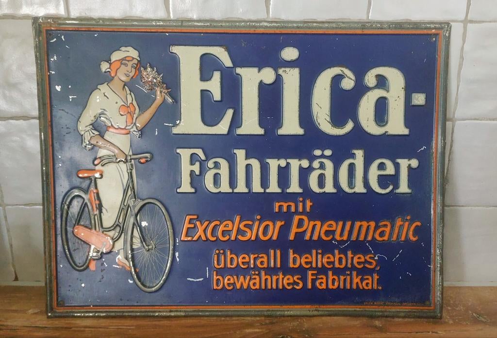 Oud Duits reclame bord Erica rijwielen / fietsen, Ophalen of Verzenden, Gebruikt, Reclamebord