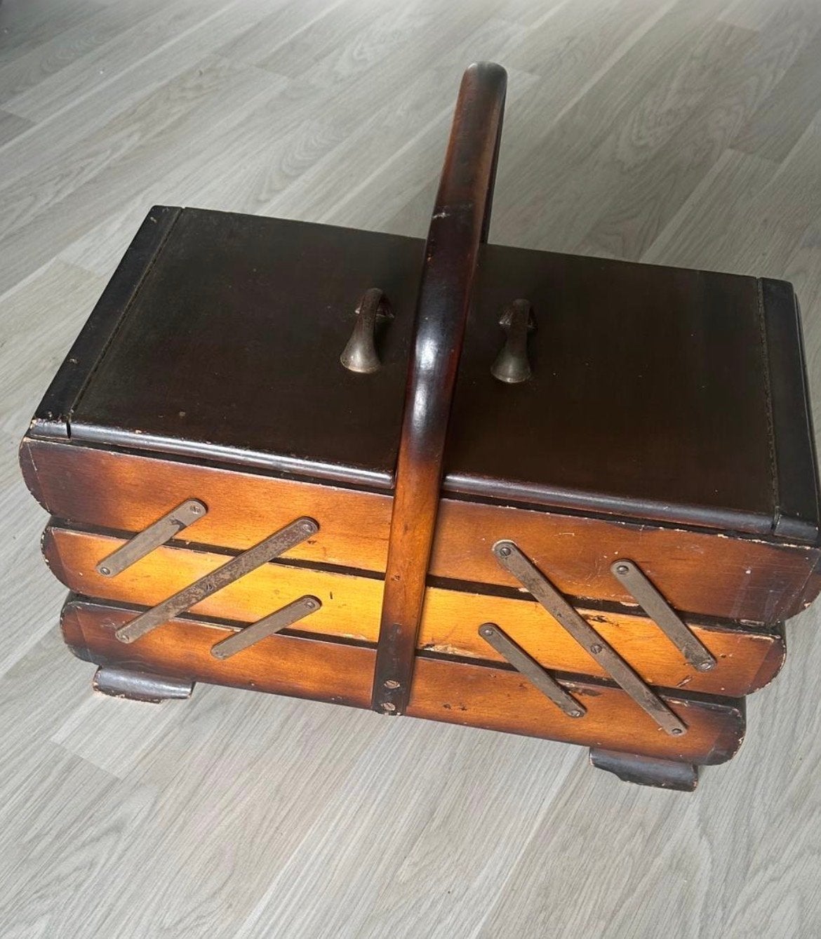 Vintage houten naaidoos met harmonica-uitklapsysteem, Ophalen of Verzenden, Gebruikt, Overige typen