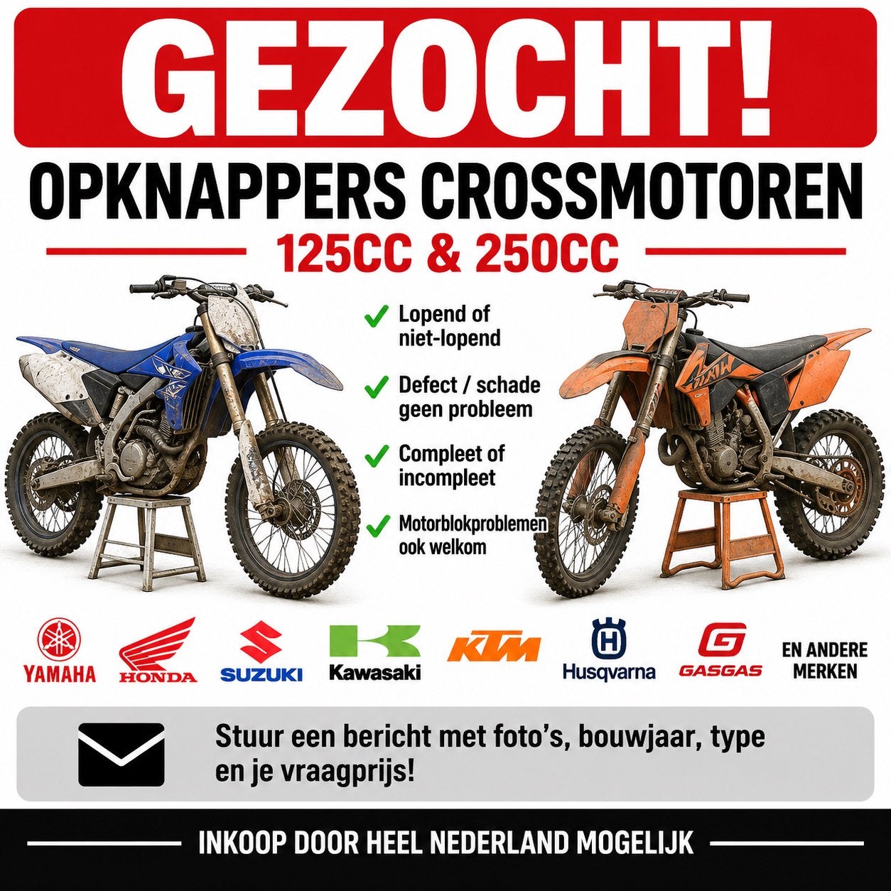 GEZOCHT: OPKNAPPERS CROSSMOTOREN 125CC / 250CC, Fietsen en Brommers, Ophalen, Zo goed als nieuw, Yamaha
