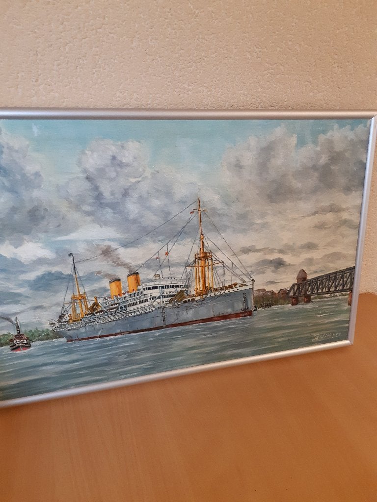 schilderij stoomschip ss nieuw holland, Antiek en Kunst, Kunst | Schilderijen | Klassiek, Ophalen, Overige stijlen, Ingelijst