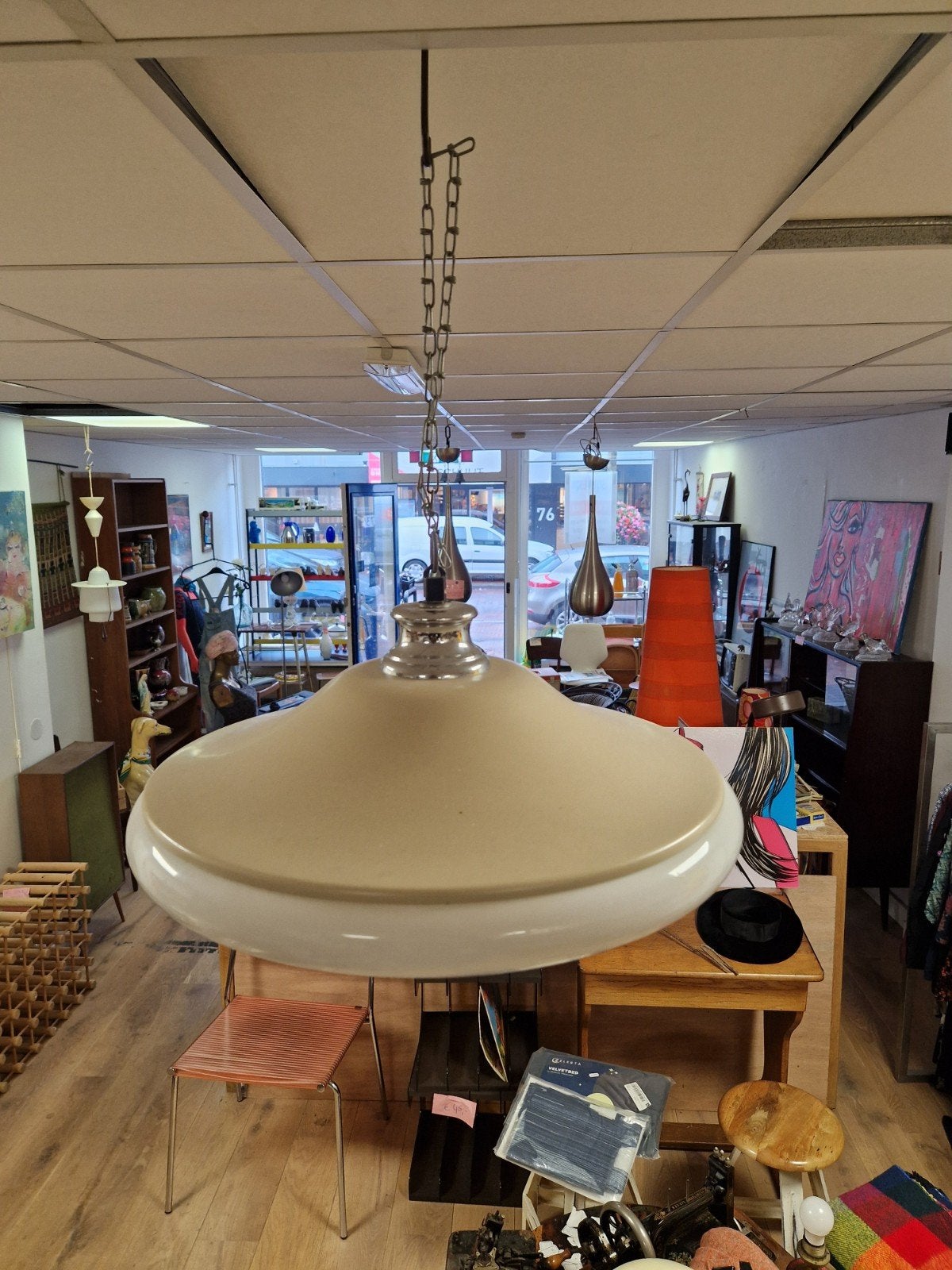 Vintage Hanglamp - Crèmekleurig met Chroom Details, Onbekend, Onbekend, Onbekend, Kunststof