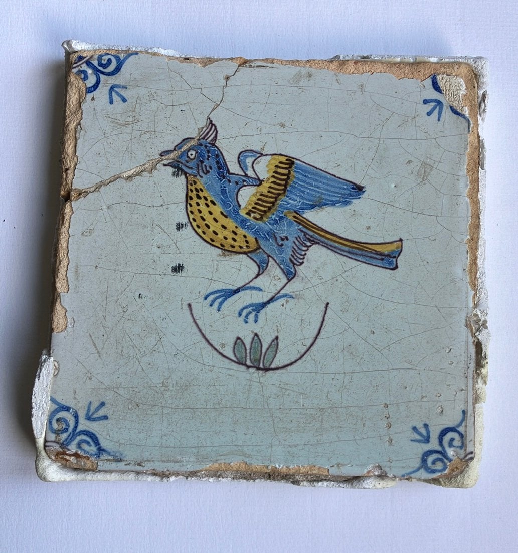 Antieke tegel fantasie vogel polychroom, Ophalen of Verzenden