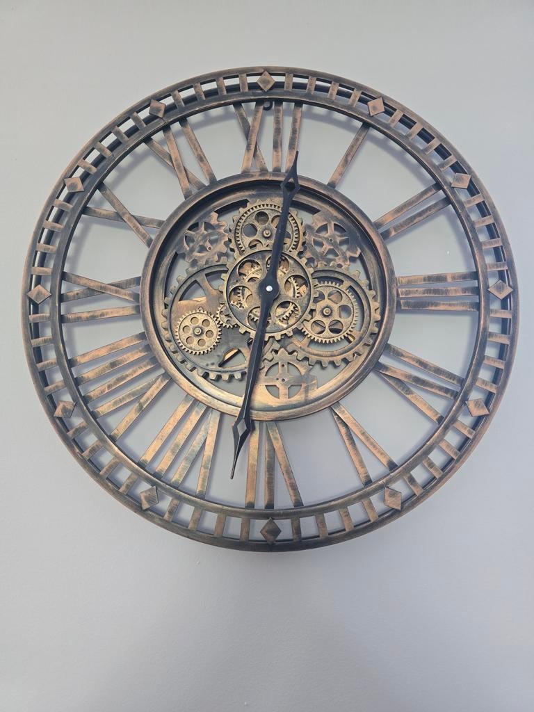 Bronzen radar wandklok met bewegende tandwielen, 60cm, Huis en Inrichting, Woonaccessoires | Klokken, Ophalen, Gebruikt, Analoog
