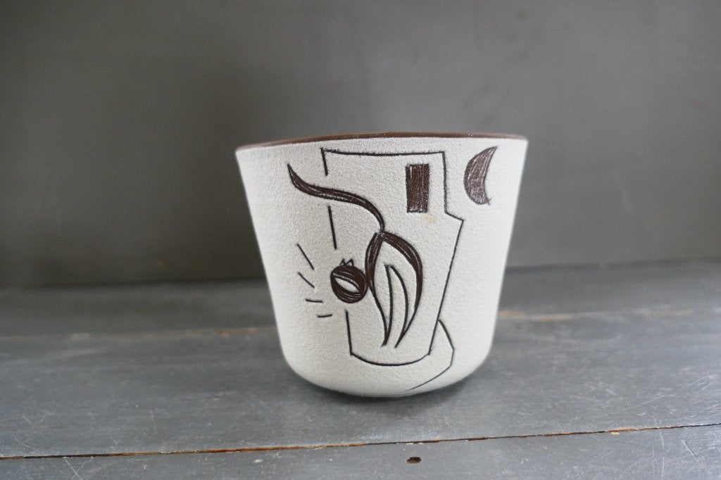 Vintage Potterie Boonstra Bloempot Kat Poes Wit Bruin, Rond, Binnen, Ophalen of Verzenden, Zo goed als nieuw