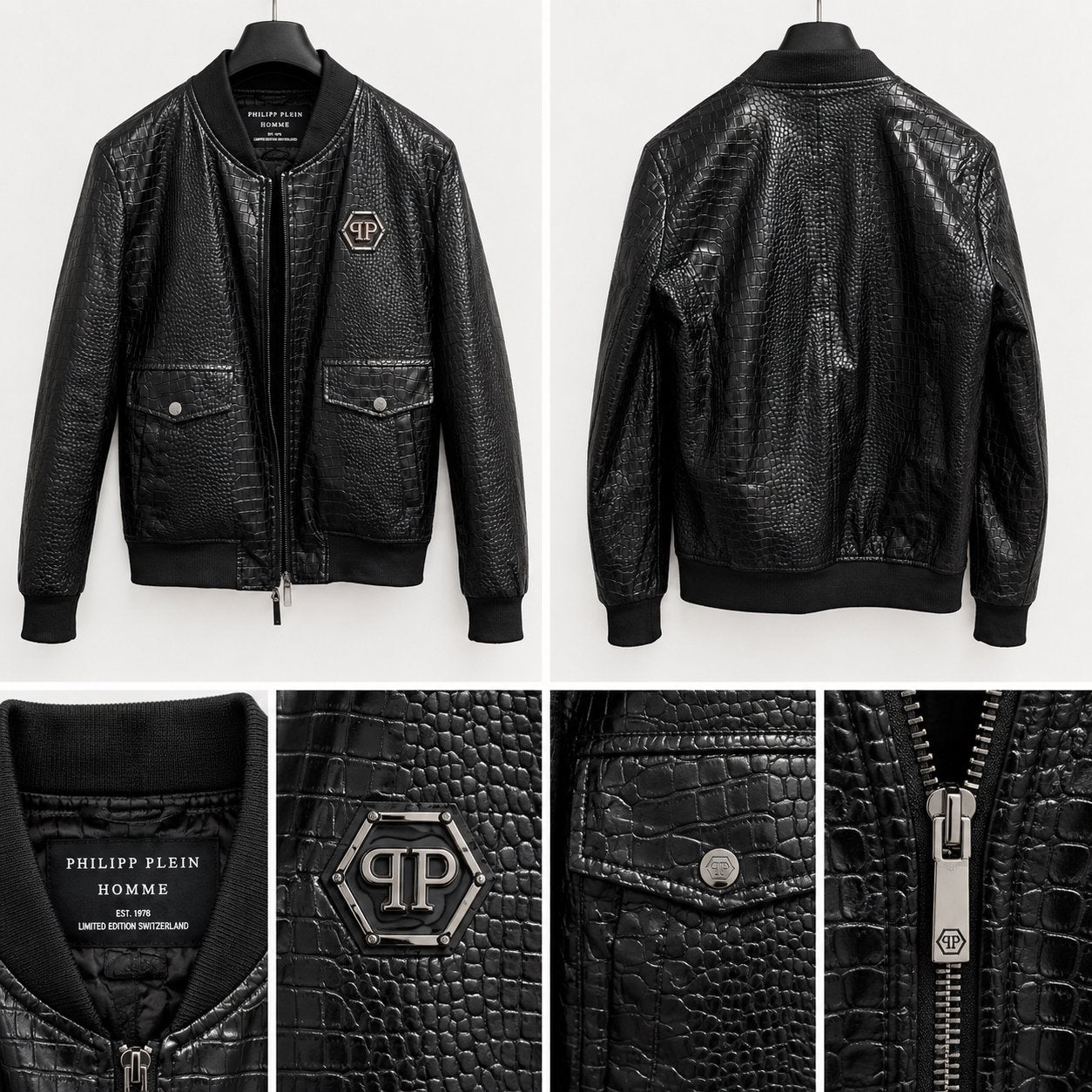 Philipp Plein Homme Zwarte Bomberjack met Krokodillenprint, Ophalen of Verzenden, Zo goed als nieuw, Maat 52/54 (L), Zwart