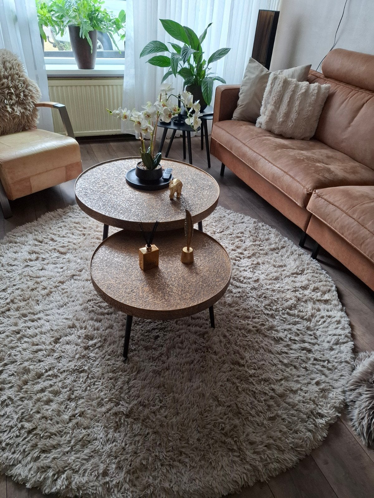Set van 2 gouden salontafels, rond, metaal, Huis en Inrichting, Tafels | Salontafels, Ophalen, 50 tot 100 cm, Rond, 50 tot 100 cm