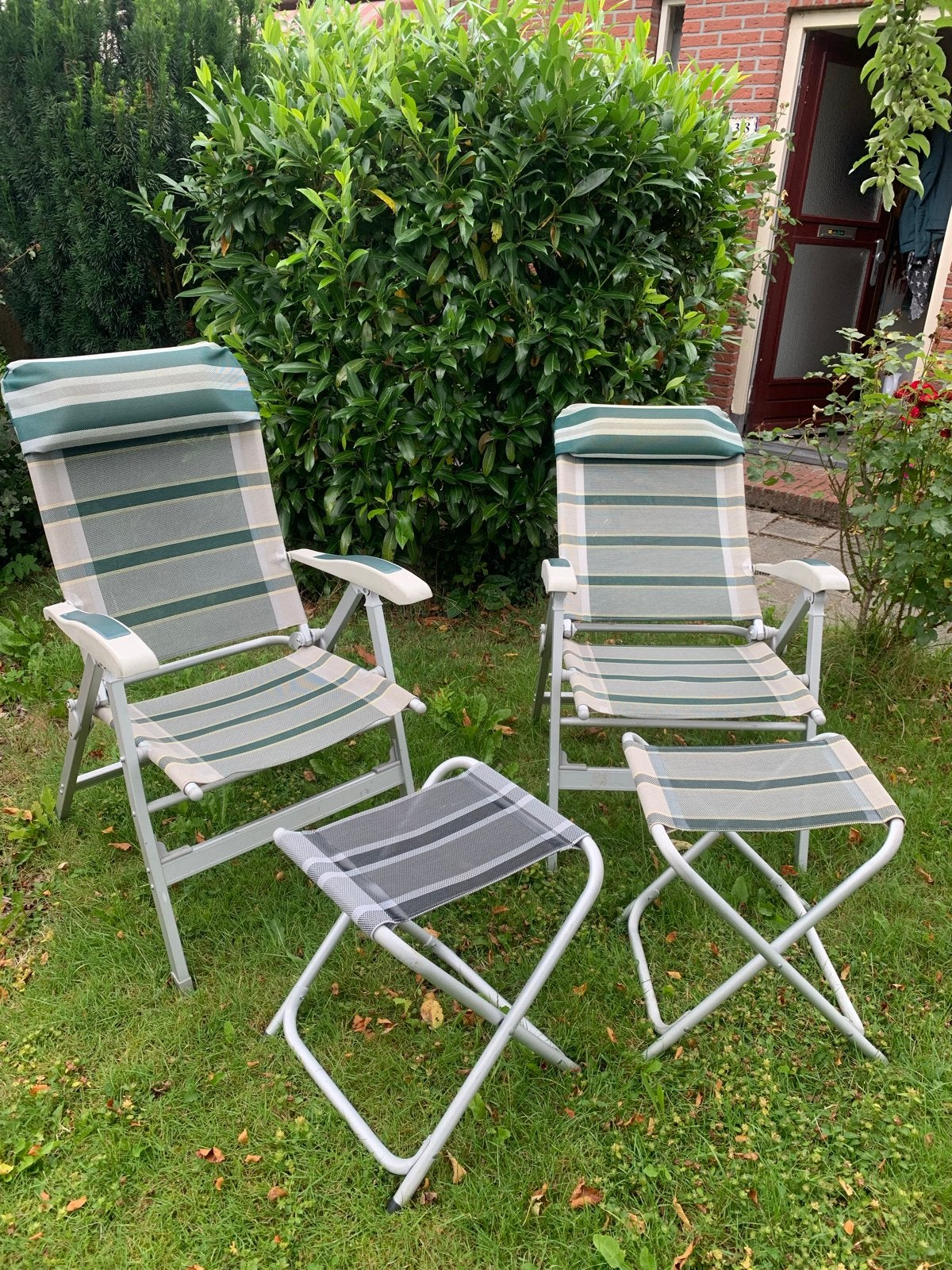 Vrijbuiter tuinstoelen met voetenbankje, 3 zitstanden, Ophalen, Gebruikt, Textileen, Verstelbaar